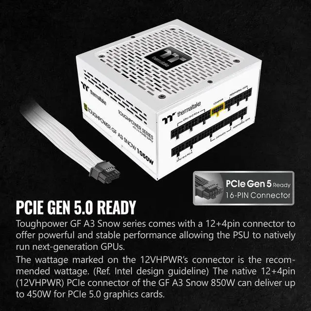 Alt view image 5 of 6 - Thermaltake Toughpower GF A3 Snow Edition 1050W 80+ Gold Full Modular SLI/Crossfire Ready ATX 3.0 Power Supply; PCIe Gen.5 600W 12VHPWR Connector Included; PS-TPD-1050FNFAGU-N; 10 Year Warranty