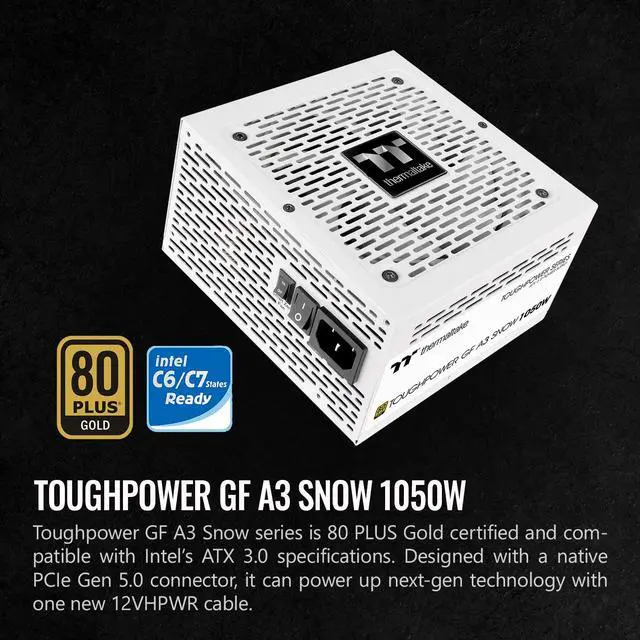 Alt view image 6 of 6 - Thermaltake Toughpower GF A3 Snow Edition 1050W 80+ Gold Full Modular SLI/Crossfire Ready ATX 3.0 Power Supply; PCIe Gen.5 600W 12VHPWR Connector Included; PS-TPD-1050FNFAGU-N; 10 Year Warranty