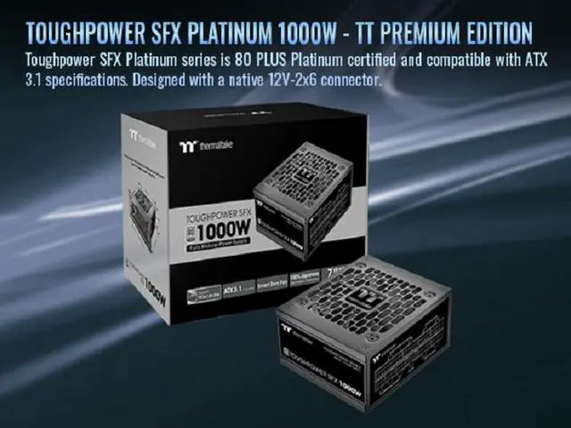 Alt view image 2 of 17 - Thermaltake Toughpower SFX 1000W 80Plus Platinum ATX 3.1 600W 12V-2x6 Connector Included; Full Modular; 90mm Fan; PS-STP-1000FNFAPU-1; 7 Year Warranty