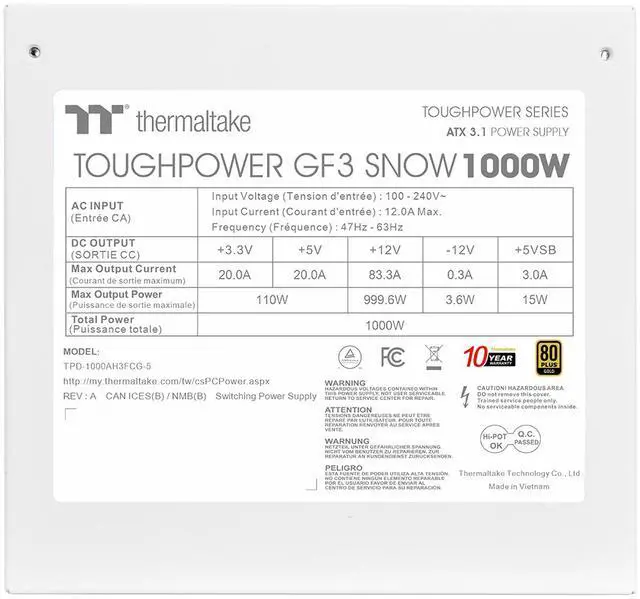 Alt view image 6 of 7 - Thermaltake Toughpower GF3 1000W; ATX 3.1; Native PCIe 5.1 12V-2x6; Full Modular; Flat Cables; Color Matched Connectors; Japanese Main Capacitors; Colored Custom 135mm Fan; 80 Plus Gold Certified;Snow