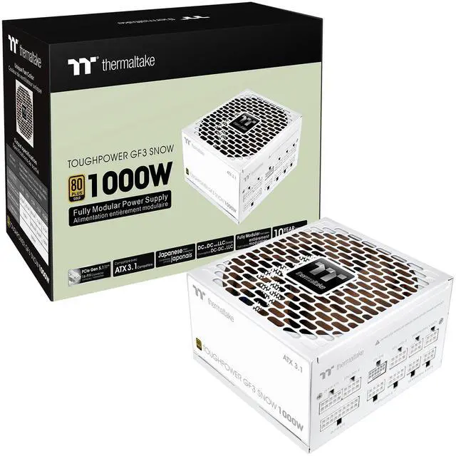 Main image of Thermaltake Toughpower GF3 1000W; ATX 3.1; Native PCIe 5.1 12V-2x6; Full Modular; Flat Cables; Color Matched Connectors; Japanese Main Capacitors; Colored Custom 135mm Fan; 80 Plus Gold Certified;Snow