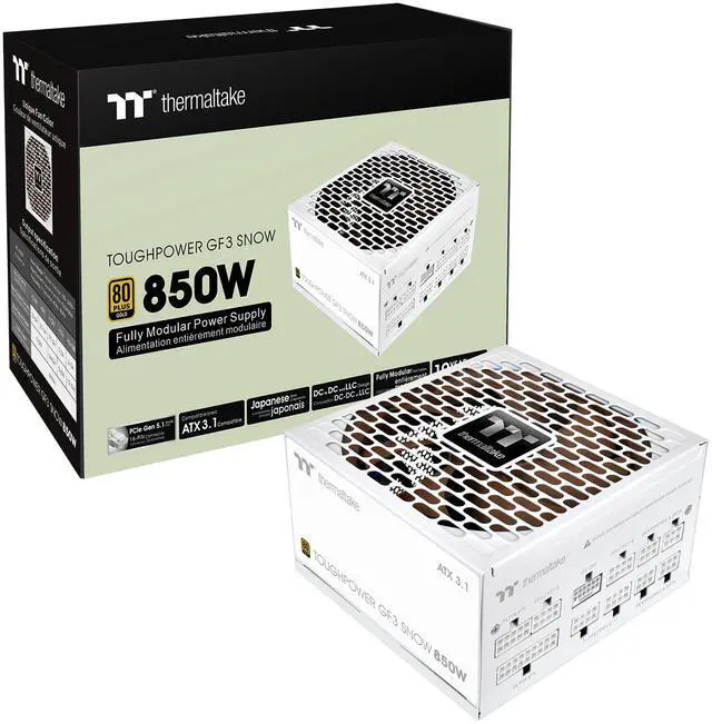 Main image of Thermaltake Toughpower GF3 850W; ATX 3.1; Native PCIe 5.1 12V-2x6; Full Modular; Flat Cables; Color Matched Connectors; Japanese Main Capacitors; Colored Custom 135mm Fan; 80 Plus Gold Certified; Snow; PS-TPD-0850FNFAGU-S