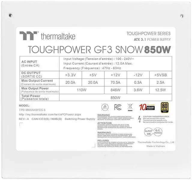 Alt view image 5 of 7 - Thermaltake Toughpower GF3 850W; ATX 3.1; Native PCIe 5.1 12V-2x6; Full Modular; Flat Cables; Color Matched Connectors; Japanese Main Capacitors; Colored Custom 135mm Fan; 80 Plus Gold Certified; Snow; PS-TPD-0850FNFAGU-S