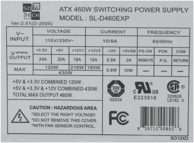 Alt view image 4 of 9 - APEX SL-D460EXP 460 W ATX12V Ver.2.01 Power Supply