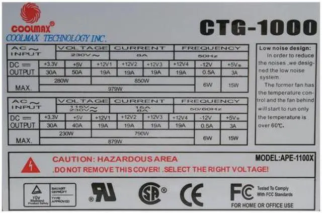 Alt view image 3 of 7 - COOLMAX CTG-1000 1000 W ATX12V SLI Ready CrossFire Certified Active PFC Power Supply