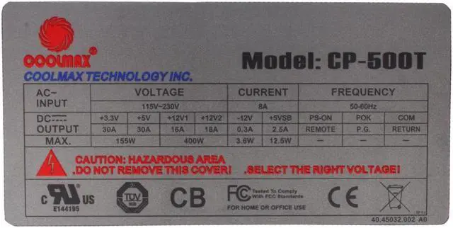 Alt view image 3 of 7 - COOLMAX CP-500T 500 W EPS12V Active PFC Power Supply