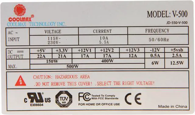 Alt view image 5 of 7 - COOLMAX V-500 500 W ATX12V Non-Modular Power Supply