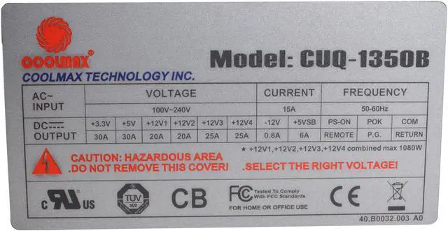 Alt view image 5 of 10 - COOLMAX CUQ-1350B 1350W ATX 12V v2.3 / EPS12V v2.91 SLI Certified / CrossFire Ready / 3 way  80 PLUS Certified Active PFC and Compatible with Core i3/i5/i7 Power Supply