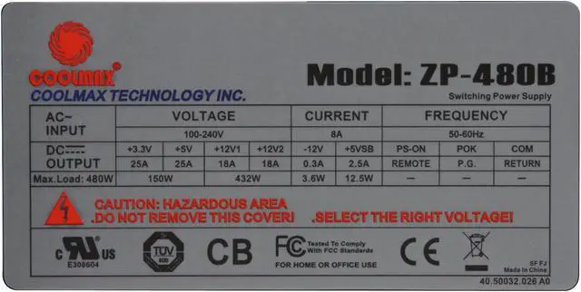 Alt view image 5 of 10 - COOLMAX ZP-480B 480 W ATX12V SLI Ready CrossFire Ready 80 PLUS Certified Active PFC Power Supply