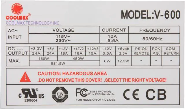 Alt view image 5 of 9 - COOLMAX V-600 600 W ATX12V version 2.2 Power Supply