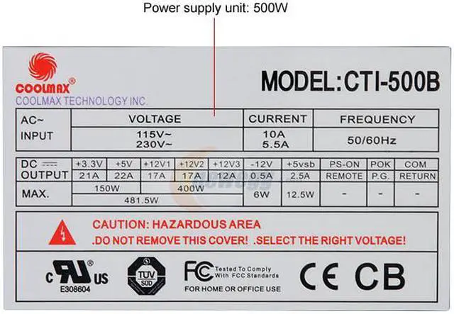 Alt view image 4 of 8 - COOLMAX CTI-500B 500W ATX 12V v2.2 and Compatible with Core i3/i5/i7 Power Supply