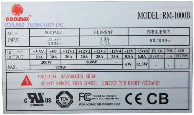 Alt view image 5 of 7 - COOLMAX RM-1000B 1000W ATX 12V v2.2/ EPS12V v2.91 SLI / CrossFire Ready Active PFC and Compatible with Core i3/i5/i7 Power Supply