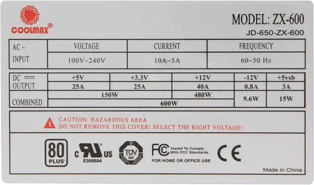 Alt view image 5 of 7 - COOLMAX ZX Series ZX-600 600 W ATX12V v2.2 / EPS12V v2.91 SLI Ready CrossFire Ready 80 PLUS Certified Active PFC Power Supply