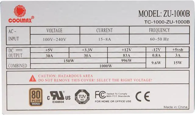 Alt view image 5 of 7 - COOLMAX ZU Series ZU-1000B 1000 W ATX12V / EPS12V SLI Ready CrossFire Ready 80 PLUS BRONZE Certified Modular Active PFC Power Supply