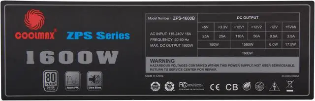 Alt view image 4 of 7 - COOLMAX ZPS-1600B (14642) 1600 W ATX12V v2.31 & EPS12V v2.92 SLI Ready CrossFire Ready 80 PLUS SILVER Certified Modular Active PFC Power Supply