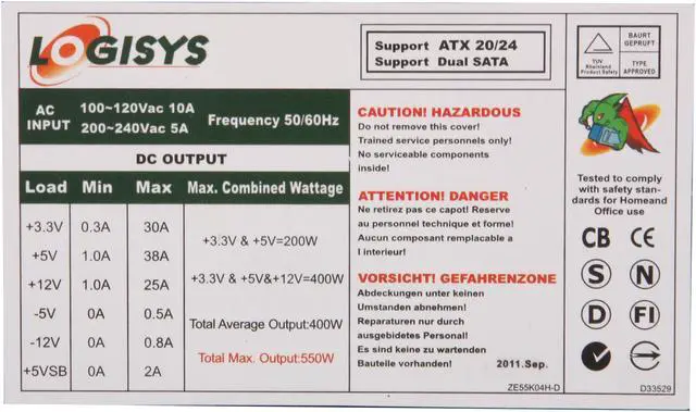 Alt view image 6 of 7 - LOGISYS Computer PS550ABK 550Watts ATX12V Power Supply With SATA and 20/24 Pin connectors.