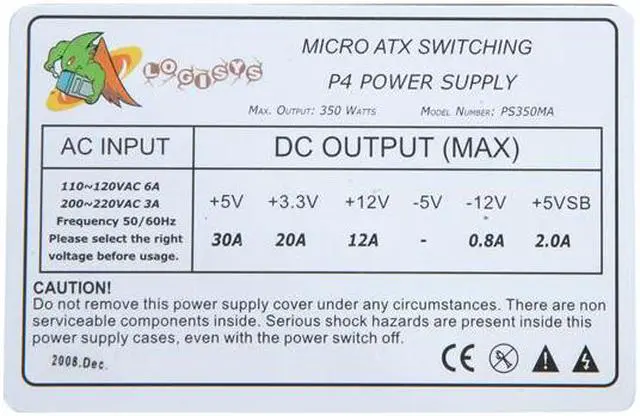 Alt view image 5 of 7 - LOGISYS Computer PS350MA 350 W Micro ATX Power Supply