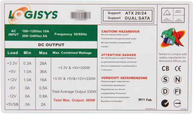 Alt view image 6 of 7 - LOGISYS Computer PS480D2 480 W ATX12V Power Supply