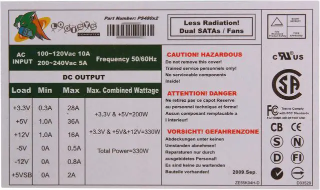 Alt view image 3 of 5 - LOGISYS Computer PS480X2 480 W ATX12V Power Supply Dual Fan w/ Radiation Filter