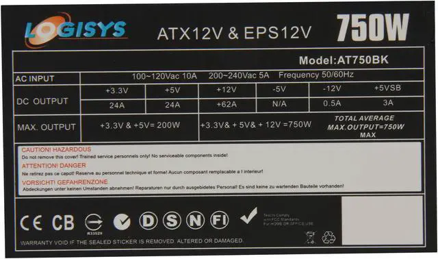 Alt view image 5 of 7 - LOGISYS Computer AT750BK 750 W ATX12V / EPS12V SLI Ready CrossFire Ready 80 PLUS BRONZE Certified Active PFC Power Supply