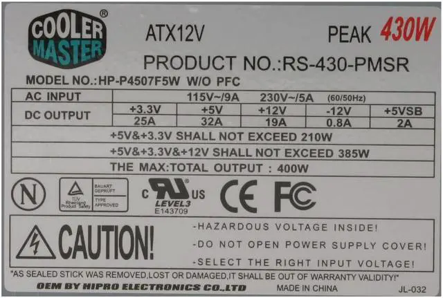 Alt view image 3 of 7 - COOLER MASTER eXtreme Power RS-430-PMSR/P Max: 400W (Continuous), Peak: 430W ATX12V     Power Supply