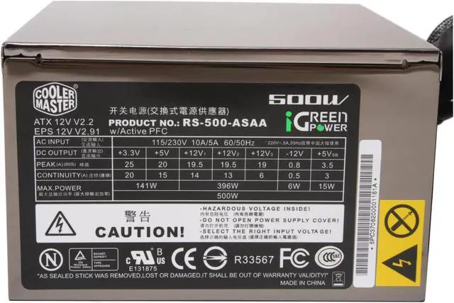 Alt view image 5 of 9 - Cooler Master iGreen Power 500 RS-500-ASAA 500 Watts Continuous ATX Form Factor 12V V2.2 / SSI standard EPS 12V V2.91 SLI Certified CrossFire Ready 80 PLUS Certified Active PFC (0.99) PFC Power Supply