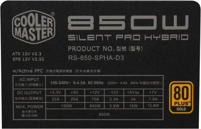 Alt view image 6 of 7 - Cooler Master Silent Pro Hybrid RS-850-SPHA-D3 850 W Intel ATX 12V V2.3 & SSI EPS 12V V2.92 SLI Ready CrossFire Ready 80 PLUS GOLD Certified Modular Active PFC Panel Power Supply with Fan Control