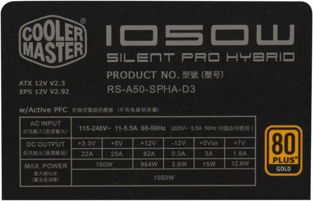 Alt view image 6 of 7 - Cooler Master RS-A50-SPHA-D3 Silent Pro Hybrid 1050 W Intel ATX 12V V2.3 & SSI EPS 12V V2.92 SLI Ready CrossFire Ready 80 PLUS GOLD Certified Modular Active PFC Panel Power Supply with Fan Control