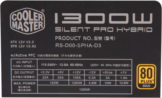 Alt view image 6 of 8 - COOLER MASTER Silent Pro Hybrid (RS-D00-SPHA-D3) 1300W ATX 12V V2.3 / EPS 12V V2.92 80 PLUS GOLD Full Modular Individual Active PFC Power Supply w/Free Fan Controller and 10 Years Warranty