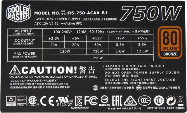 Alt view image 5 of 7 - Cooler Master GXII RS750-ACAAB1-US 750 W ATX 12V V2.31 80 PLUS BRONZE Certified Active PFC Power Supply