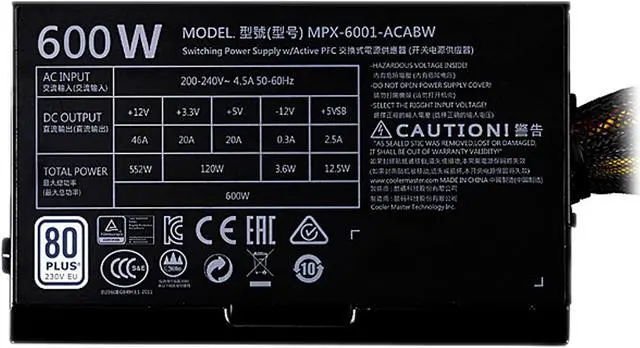 Alt view image 3 of 5 - Cooler Master MasterWatt Lite 230V (ErP 2013) 600W MPX-6001-ACABW-KS 600 W ATX 12V V2.31 ErP 2013 Lot6 Active PFC Power Supply