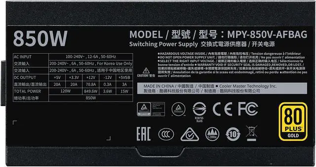 Alt view image 9 of 16 - Cooler Master V850 Gold V2 Full Modular, 850W, 80+ Gold Efficiency, Semi-fanless Operation, 16AWG PCIe high-efficiency cables, 10 Year Warranty