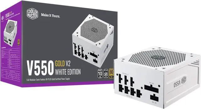 Main image of Cooler Master V550 Gold White Edition V2 Full Modular, 550W, 80+ Gold Efficiency, Semi-fanless Operation, 16AWG PCIe High-efficiency Cables, 10 Year Warranty