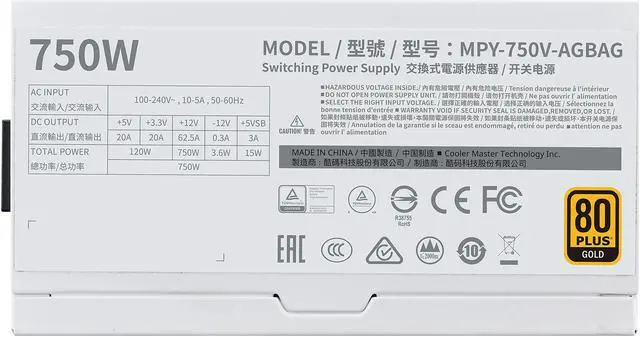 Alt view image 9 of 16 - Cooler Master V750 Gold V2 White Edition Full Modular, 750W, 80+ Gold Efficiency, Semi-fanless Operation, 16AWG PCIe High-efficiency Cables, 10 Year Warranty