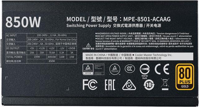 Alt view image 5 of 16 - Cooler Master MWE Gold 850 V2 Fully Modular, 850W, 80+ Gold Efficiency, Quiet HDB Fan, 2 EPS Connectors, High Temperature Resilience, 5 Year Warranty