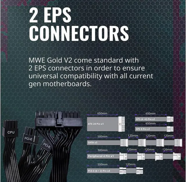 Alt view image 13 of 15 - Cooler Master MWE Gold 1250 V2 Fully Modular, 1250W, 80+ Gold Efficiency, Quiet 140mm FDB Fan, 2 EPS Connectors, High Temperature Resilience, 10 Year Warranty