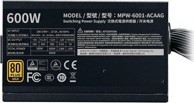 Alt view image 7 of 15 - Cooler Master G600 Gold Power Supply, 600W 80+ Gold Efficiency, Intel ATX Version 2.52, Fixed Flat Black Cables. Quiet HDB Fan, 5 Year Warranty