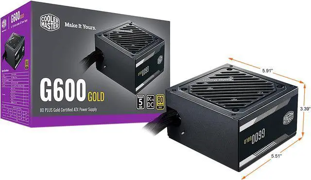Alt view image 2 of 15 - Cooler Master G600 Gold Power Supply, 600W 80+ Gold Efficiency, Intel ATX Version 2.52, Fixed Flat Black Cables. Quiet HDB Fan, 5 Year Warranty