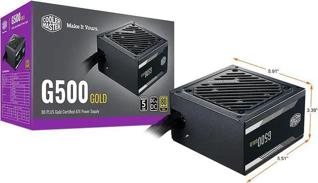 Alt view image 2 of 15 - Cooler Master G500 Gold Power Supply, 500W 80+ Gold Efficiency, Intel ATX Version 2.52, Fixed Flat Black Cables. Quiet HDB Fan, 5 Year Warranty