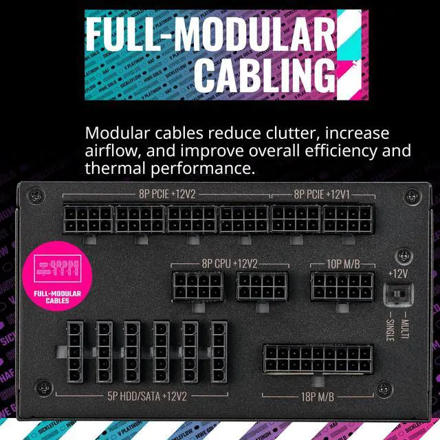 Alt view image 9 of 15 - Cooler Master V1300 Platinum 30th Anniversary Fully Modular, 1300W, 80+ Platinum, 135mm FDB Silent Fan, Single/Multi-Rail Switch, Intel ATX 12V Ver 2.53, 100% Japanese Capacitors (MPZ-D001-AFBAPV-WU)