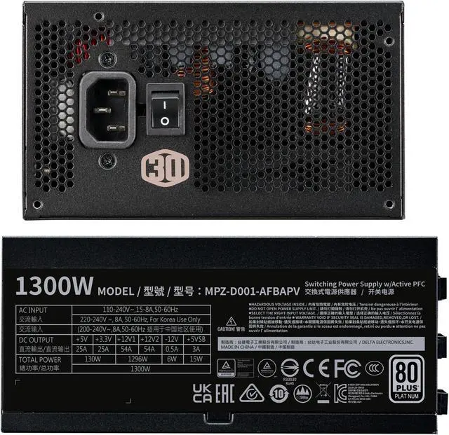 Alt view image 13 of 15 - Cooler Master V1300 Platinum 30th Anniversary Fully Modular, 1300W, 80+ Platinum, 135mm FDB Silent Fan, Single/Multi-Rail Switch, Intel ATX 12V Ver 2.53, 100% Japanese Capacitors (MPZ-D001-AFBAPV-WU)