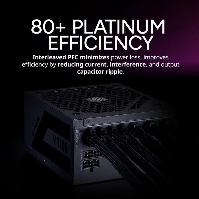 Alt view image 13 of 16 - Cooler Master V Platinum 1100 V2 ATX 3.1  Full Modular PSU, 1100W 80+ Platinum, 90° 12VHPWR|600W PCIe 5.1, Purple Anodic-Coated Heat Sink, Mobius Fan, GPU Support RTX 5090| RX 9070 XT, 12 Year