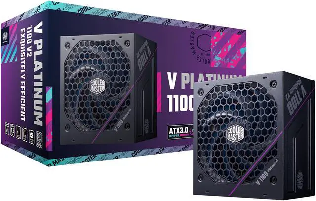 Main image of Cooler Master V Platinum 1100 V2 ATX 3.1  Full Modular PSU, 1100W 80+ Platinum, 90° 12VHPWR|600W PCIe 5.1, Purple Anodic-Coated Heat Sink, Mobius Fan, GPU Support RTX 5090| RX 9070 XT, 12 Year