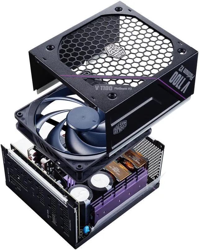 Alt view image 5 of 16 - Cooler Master V Platinum 1100 V2 ATX 3.1  Full Modular PSU, 1100W 80+ Platinum, 90° 12VHPWR|600W PCIe 5.1, Purple Anodic-Coated Heat Sink, Mobius Fan, GPU Support RTX 5090| RX 9070 XT, 12 Year