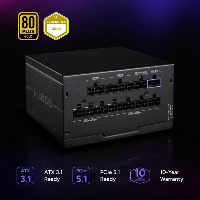 Alt view image 2 of 12 - Cooler Master Elite Gold 850W Power Supply, PCIe 5.1 Ready Certification Cybenetics Gold & Noise Standard++, 80 PLUS Gold, 850W, ATX 3.1, 12V-2x6 Cable, Low Noise, Fully Modular