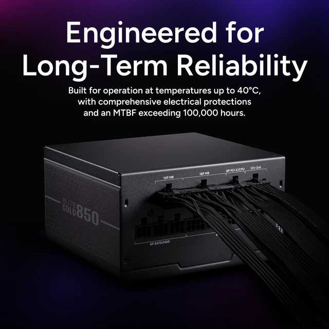 Alt view image 6 of 12 - Cooler Master Elite Gold 850W Power Supply, PCIe 5.1 Ready Certification Cybenetics Gold & Noise Standard++, 80 PLUS Gold, 850W, ATX 3.1, 12V-2x6 Cable, Low Noise, Fully Modular