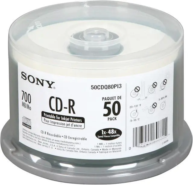 SONY 700MB 48X CD-R Inkjet Printable 50 Packs Disc Model 50CDQ80PI3 ...
