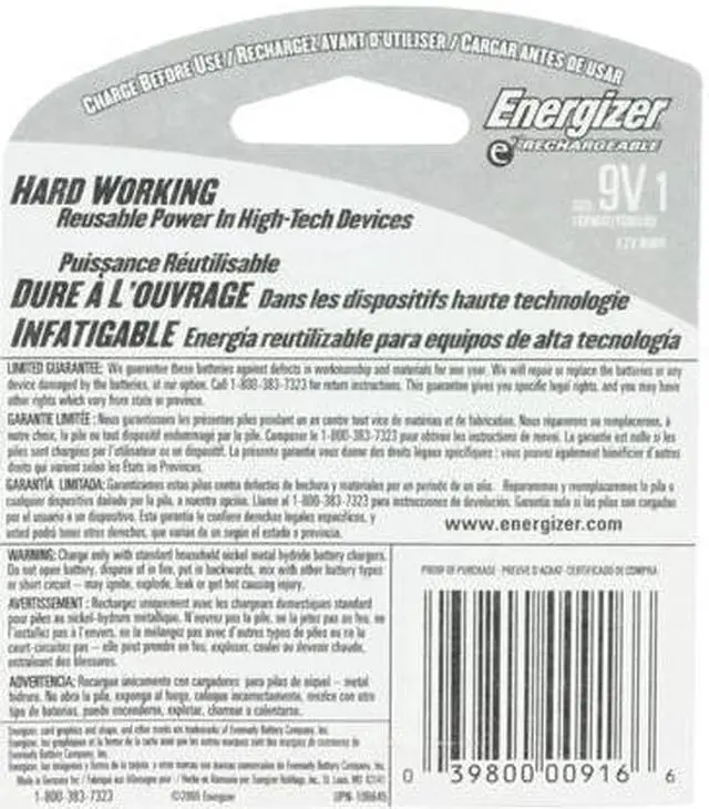 Alt view image 2 of 2 - ENERGIZER e2 Rechargeable 9V 150mAh Ni-MH Rechargeable Battery, 1-Pack