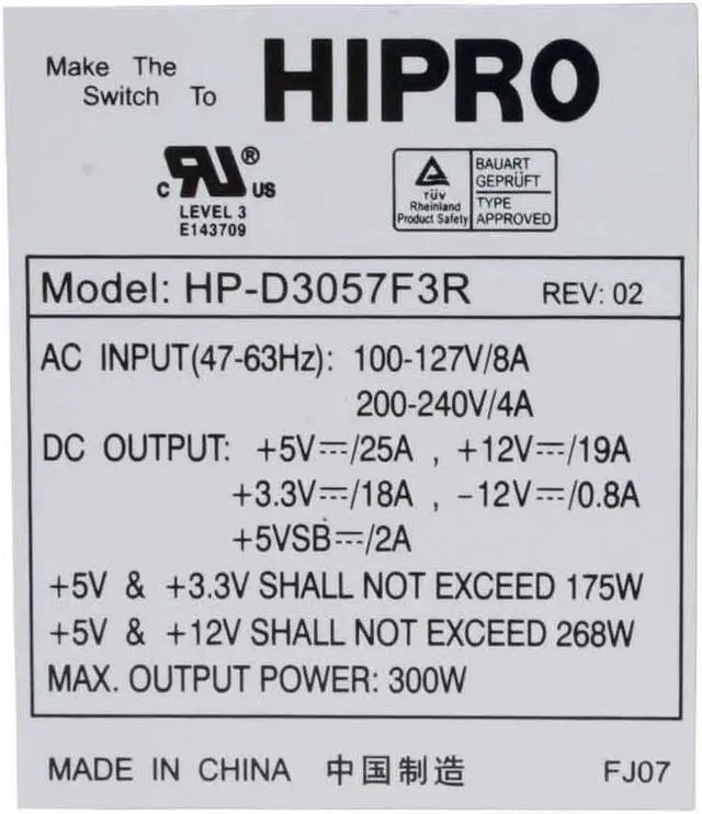 Alt view image 4 of 6 - HIPRO HP-D3057F3R 300W ATX12V Power Supply – OEM HP Hewlett Packard Genuine/Replacement P/N: 5188-2625 Desktop PC Power Supply - OEM