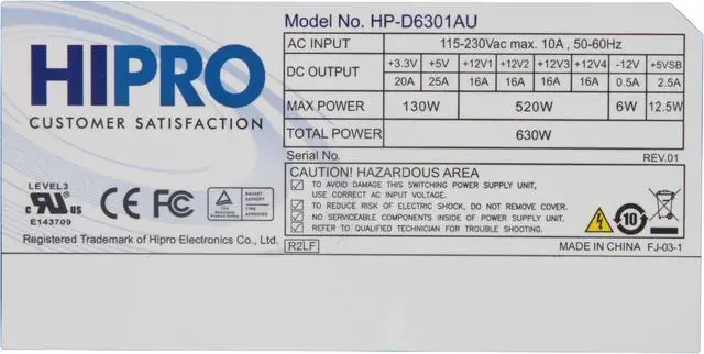 Alt view image 5 of 9 - HIPRO K1 HP-D6301AW 630 W ATX12V V2.2 SLI Ready CrossFire Ready Active PFC Power Supply with power cord